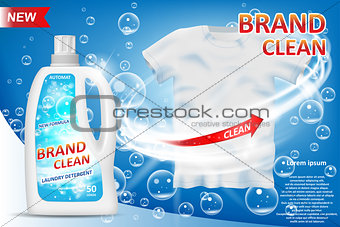 White container 3d bottle with laundry detergent ad. Stain remover package design for advertising. Washing detergent banner with clean shirt on blue background. Vector illustration