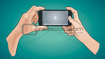 Hands holding phone, sketch style.