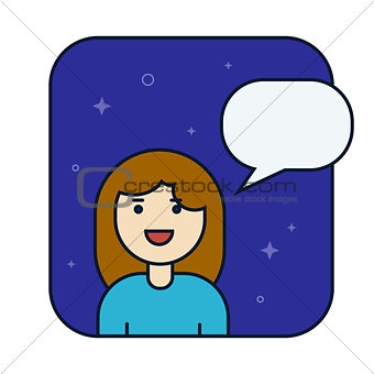 Woman talks, client support, customer help service concept. Line vector icon. Flat linear illustration isolated on blue background