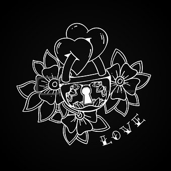 The padlock with two hearts and flowers in traditional tattoo style. Vector love illustration.