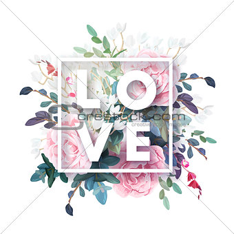Vector square botanical frame with pale pink roses, green leaves and plants. Romantic floral design on white background.