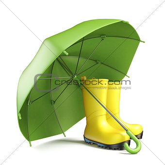 Pair of yellow rain boots and a green umbrella 3D