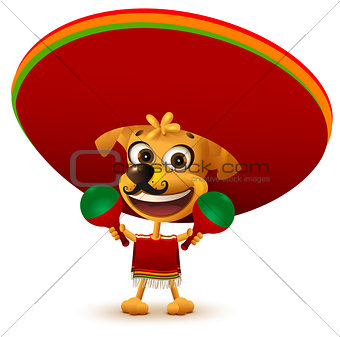 Funny cheerful yellow mexican dog in poncho and sombrero holding maracas