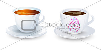 Coffe and tea cup mockup on plate vector design. Isolated on white background.