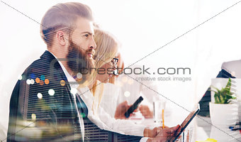 Businessman in office connected to internet network. concept of startup company. double exposure