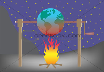 Planet earth roasting over fire Global warming concept