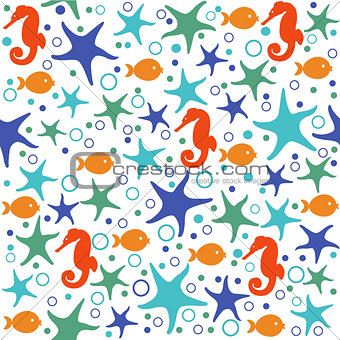 Seamless pattern with hand drawn seashells and starfishes