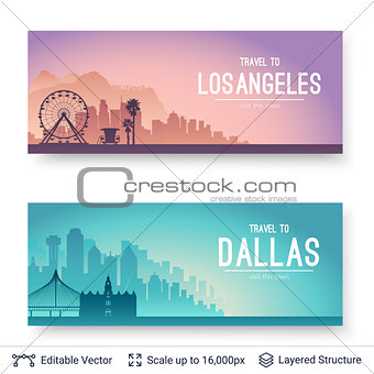 Los Angeles and Dallas famous city scapes.