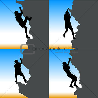 Black set silhouette rock climber on against the blue sky
