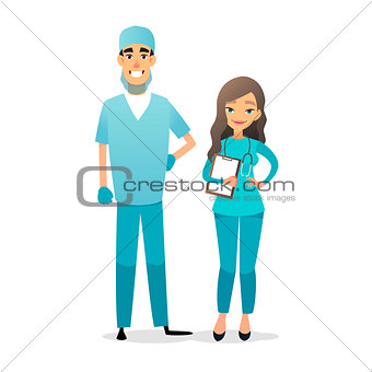 Doctor and nurse team. Cartoon medical staff. Medical team concept. Surgeon, nurse on hospital. Professional health workers. Flat characters isolated on white.
