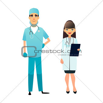 Doctor and nurse team. Cartoon medical staff. Medical team concept. Surgeon, nurse on hospital. Professional health workers. Flat characters isolated on white.