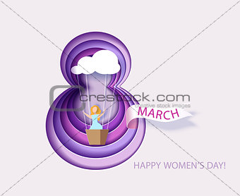 Card for 8 March womens day. Woman in basket