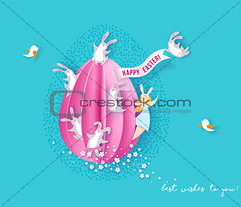 Happy Easter card with bunny, girl and egg