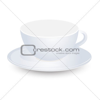 White empty cup mockup on plate vector design. Isolated on white background.