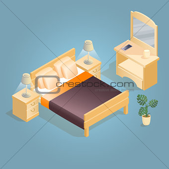 Isometric cartoon double king size beds isolated on blue.