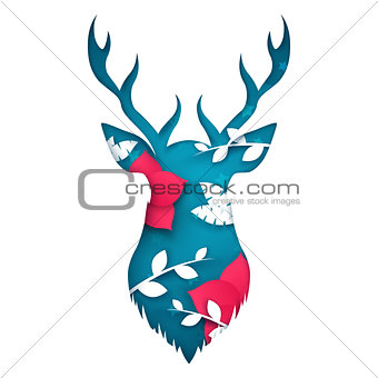 Deer illustration. Cartoon paper landscape.