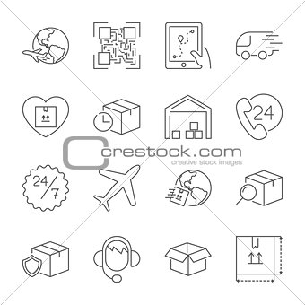 Delivery, transportation, logistics, shipping vector thin line icons set. Modern line graphic design for website, web design, mobile app, infographic. Pixel perfect vector outline icons set.