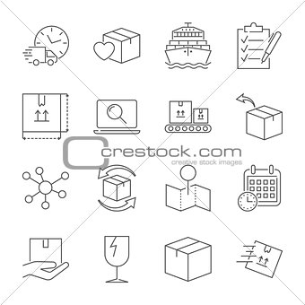 Parcel delivery service icon set. Fast delivery and quality service transportation. Shipping vector icons for logistic company. Editable Stroke