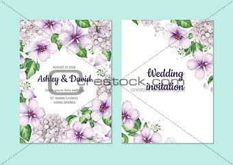 Floral background apple tree flowers, hydrangea in watercolor style isolated on white. Template for wedding card. Square composition. Place for text.