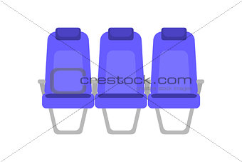 Vector flat colorful illustration of blue seat. Cartoon interior airplane seats. Chairs in cabin of Business class. Armchairs with handrails in the bus for passengers.