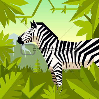 Flat geometric jungle background with Zebra