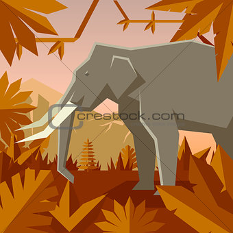 Flat geometric jungle background with Elephant