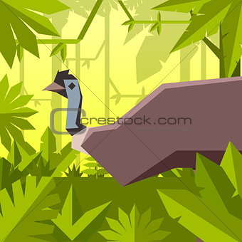 Flat geometric jungle background with Emu