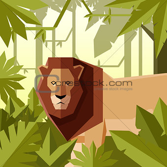 Flat geometric jungle background with Lion