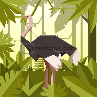 Flat geometric jungle background with Ostrich