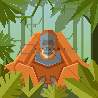 Flat geometric jungle background with Orangutan