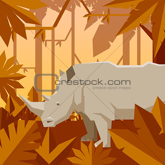 Flat geometric jungle background with Rhinoceros