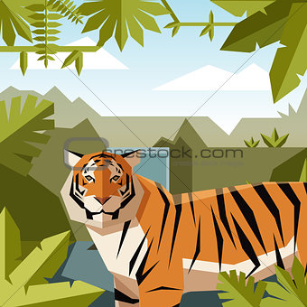 Flat geometric jungle background with Tiger