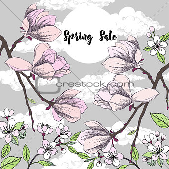 Background with magnolia and cherry blossom tree
