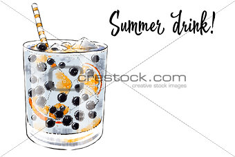 Colorfu hand-drawn illustration of delicious smoothie of fresh fruit. Fresh summer cocktail with blueberries and orange. Glass jar with ice cubes and a straw. Healthy beverage. Vitamin natural drink.