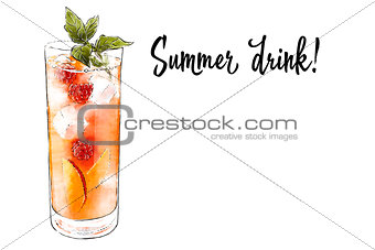 Colorfu hand-drawn illustration of delicious smoothie of fresh fruit. Fresh summer cocktail with sraspberry, orange and mint. Glass with ice cubes. Healthy beverage. Vitamin natural drink.
