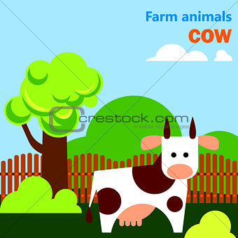 Educational flashcard with cow on the farm