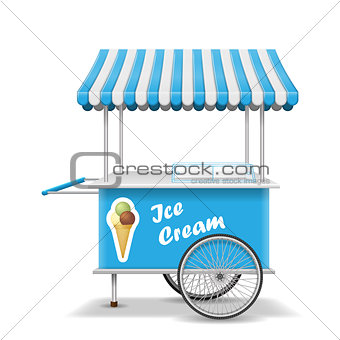 Realistic street food cart with wheels. Mobile blue ice cream market stall template. Ice cream market cart mockup. Vector illustration