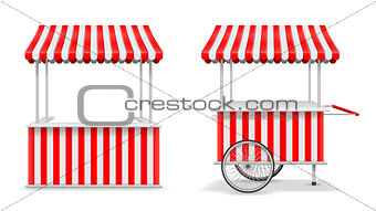 Realistic set of street food kiosk and cart with wheels. Mobile red market stall template. Farmer kiosk shop mockup. Vector illustration