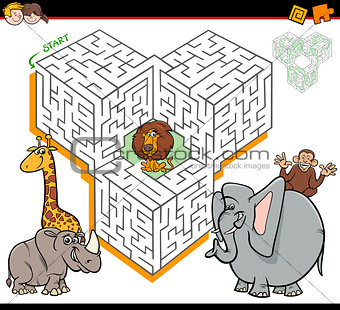 cartoon maze activity with safari animal characters