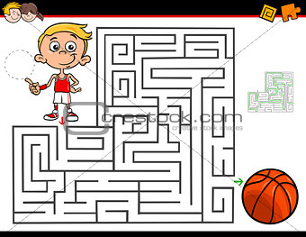 cartoon maze activity with boy and basketball