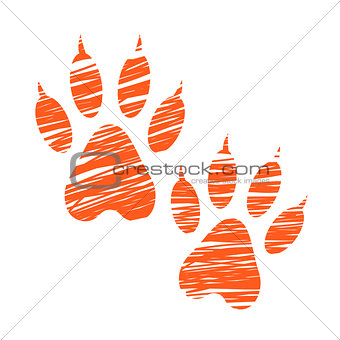 Sketched dog footprints, stylized scratched dog paws, hatched animal steps, trials and traces