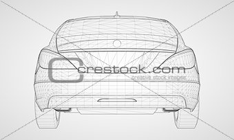 The model sports a premium sedan. Vector illustration in the form of a black polygonal triangular grid on a gray background.