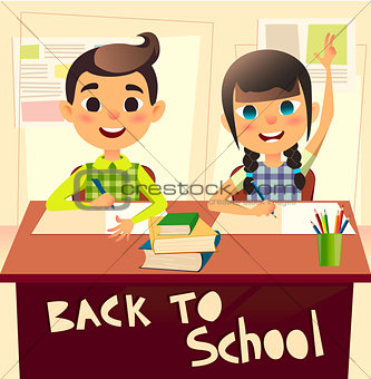 Pupils during classroom at the elementary school. Schoolgirl raising her hand. Schoolboy writes in notebook. Children at the desk at the lesson. Back to school concept vector flat illustration.