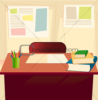 Student table with textbooks, copybook, pensils in elementary school classroom background. Front view. Interior of school class room. Back to school backdrop supplies. Flat vector concept. Empty space for text.