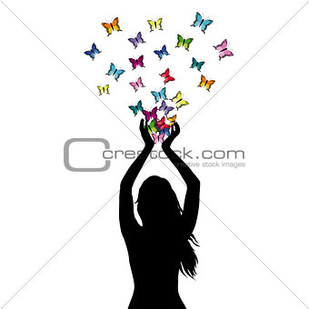 Abstract illustration of a woman silhouette with butterflies fly