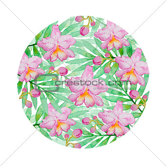 Floral background with pink watercolor orchids 