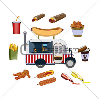 Concept on street food, hot-dogs. Set with car and fastfood