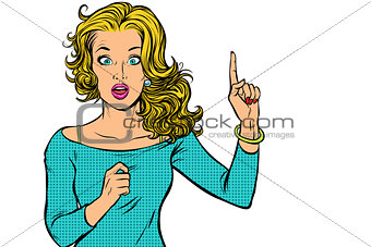woman pointing finger up isolate on white background