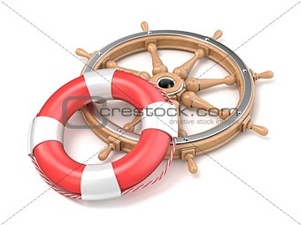 Wooden ship wheel and life buoy 3D