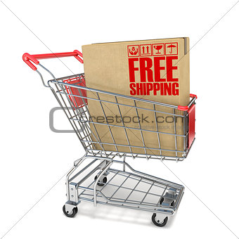 Red shopping cart with cardboard box and free shipping sign 3D